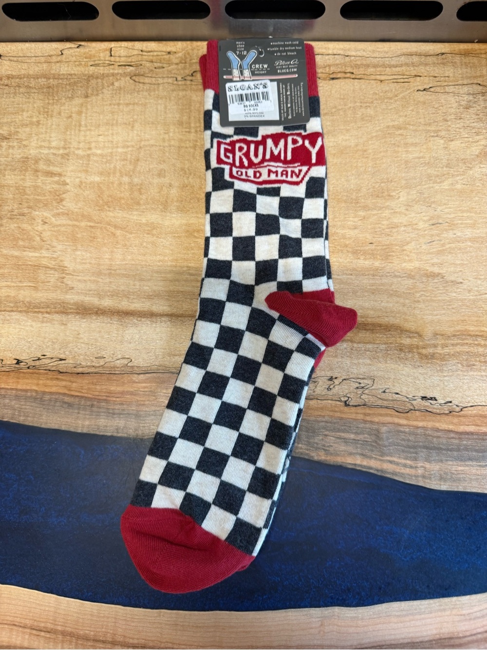 NWT Blue Q Grumpy Old Man Checkered Crew Socks - Black & White with Red Accents